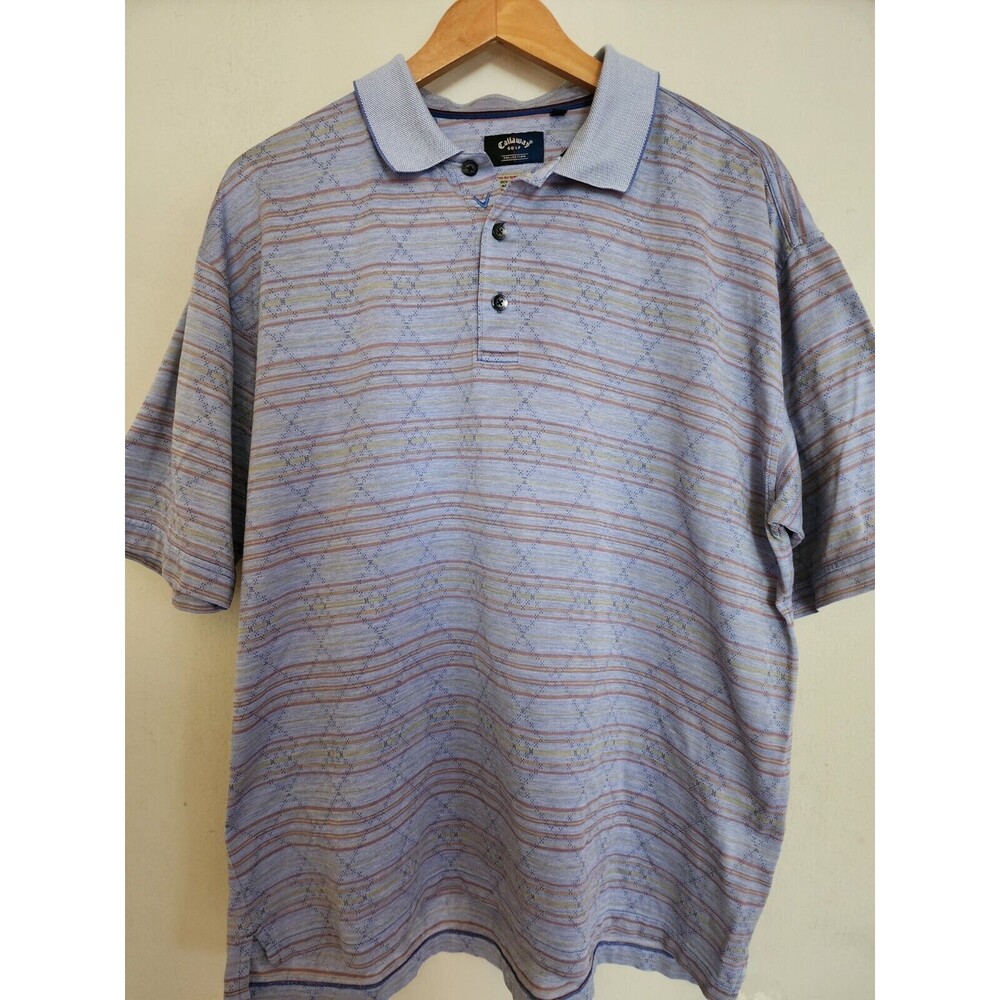 Vintage Callaway Golf Short Sleeve Sz L Men's Polo Blue Grey with Orange Stripe
